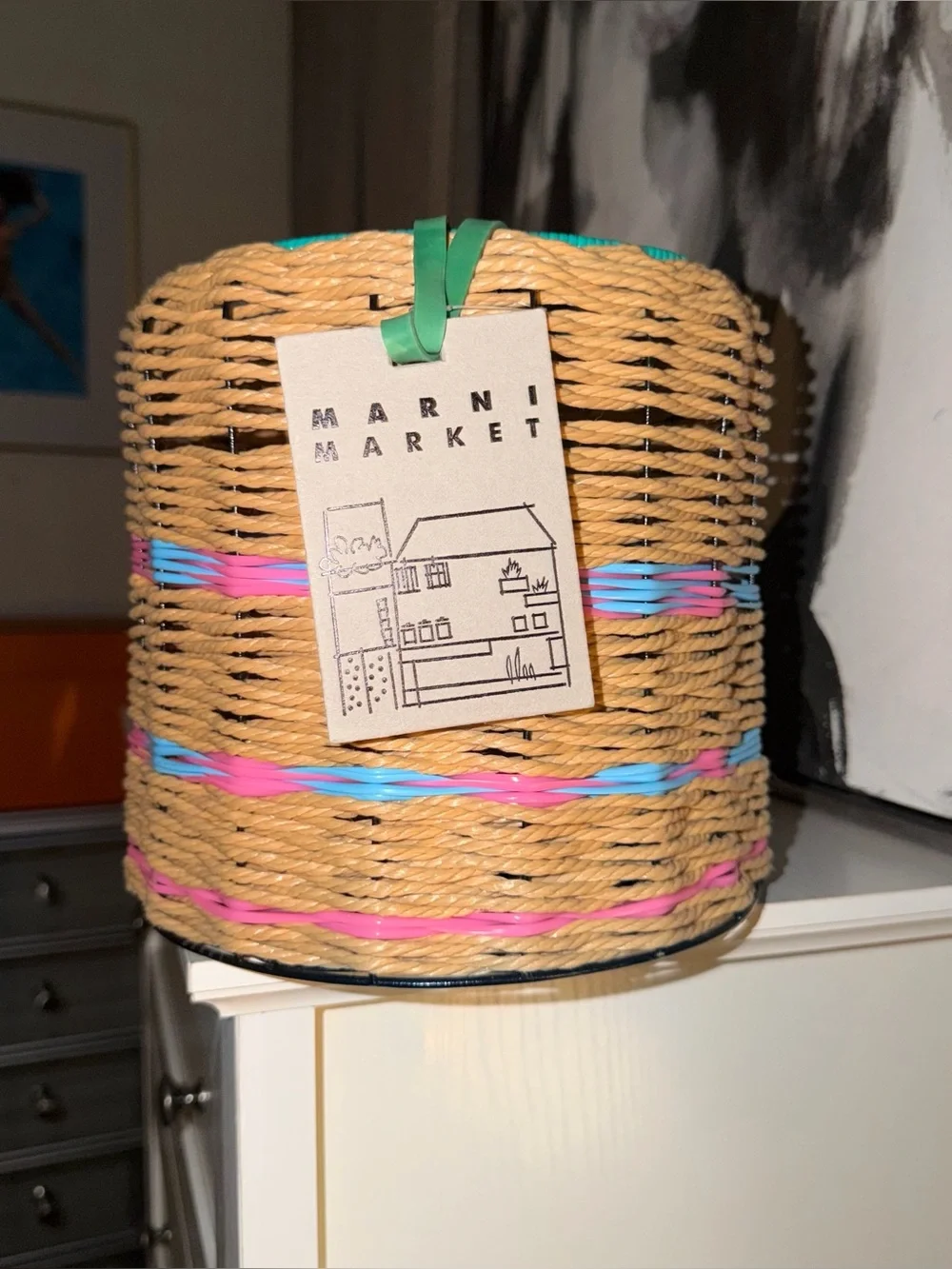 NWT MARNI MARKET BASKET Natural Woven Basket with Pink & Blue Trim